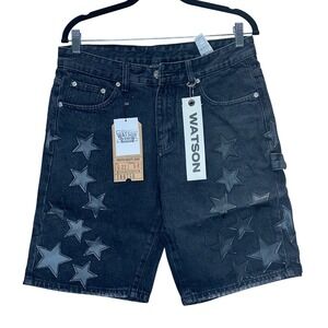 Watson Denim Co NWT Black Star Patch leather appliqué Denim Shorts Size 32